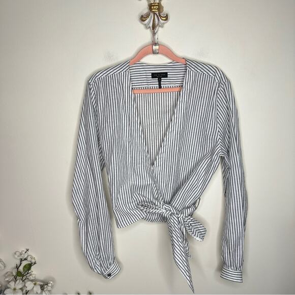 RAG & BONE Prescott Linen Tie Front Blouse Stripe Black White {PP8} - Picture 2 of 5